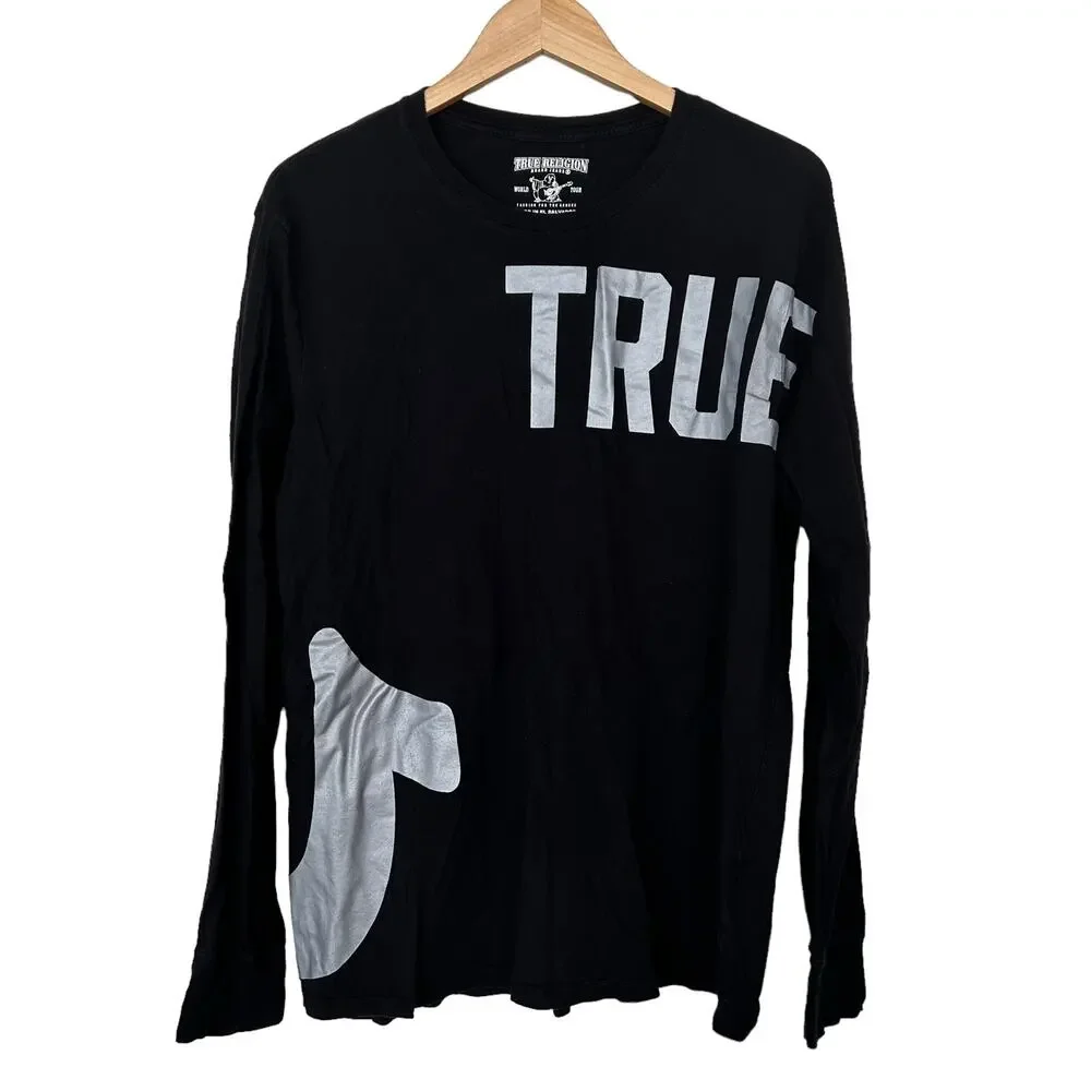 True Religion Black Spell Out Long Sleeve Shirt Sz L